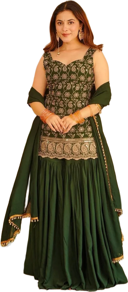 Mango green embroidered French crepe kurta, sharara and dupatta set