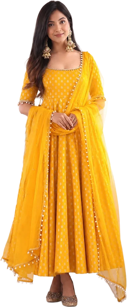 Motichur yellow Chanderi jacquard Anarkali, pant and dupatta set