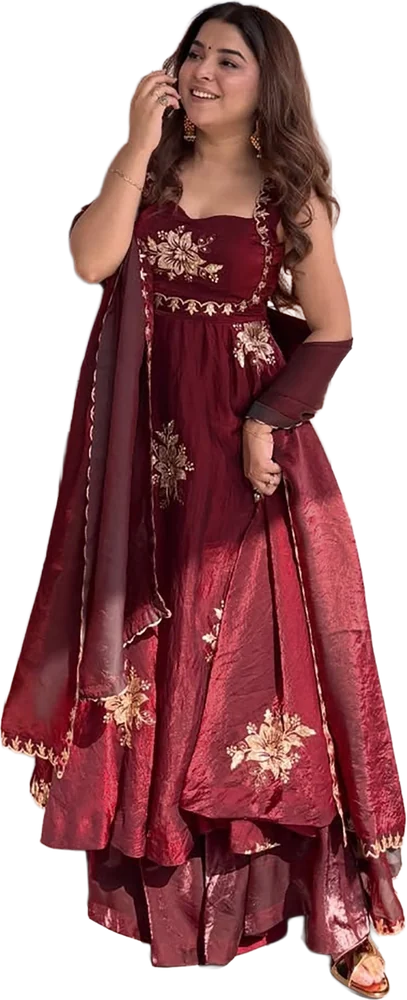 Mulberry maroon sequin and zari embroidered Fendy silk Anarkali, palazzo and dupatta set